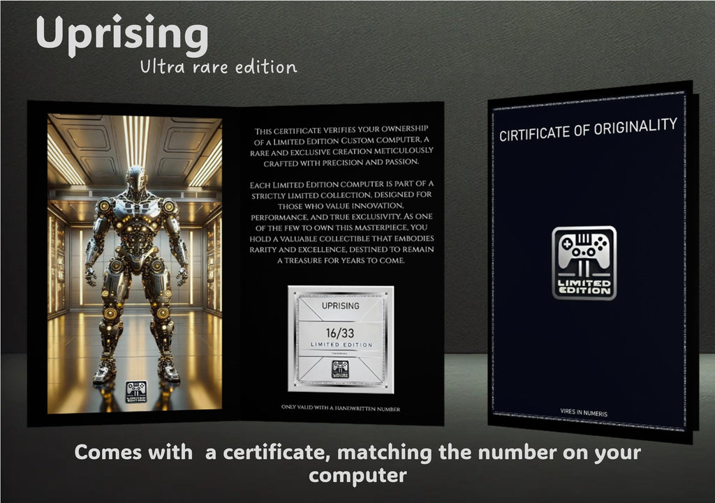 Uprising Ultra rare edition package with robot image, certificate, and limited edition label on a dark background.