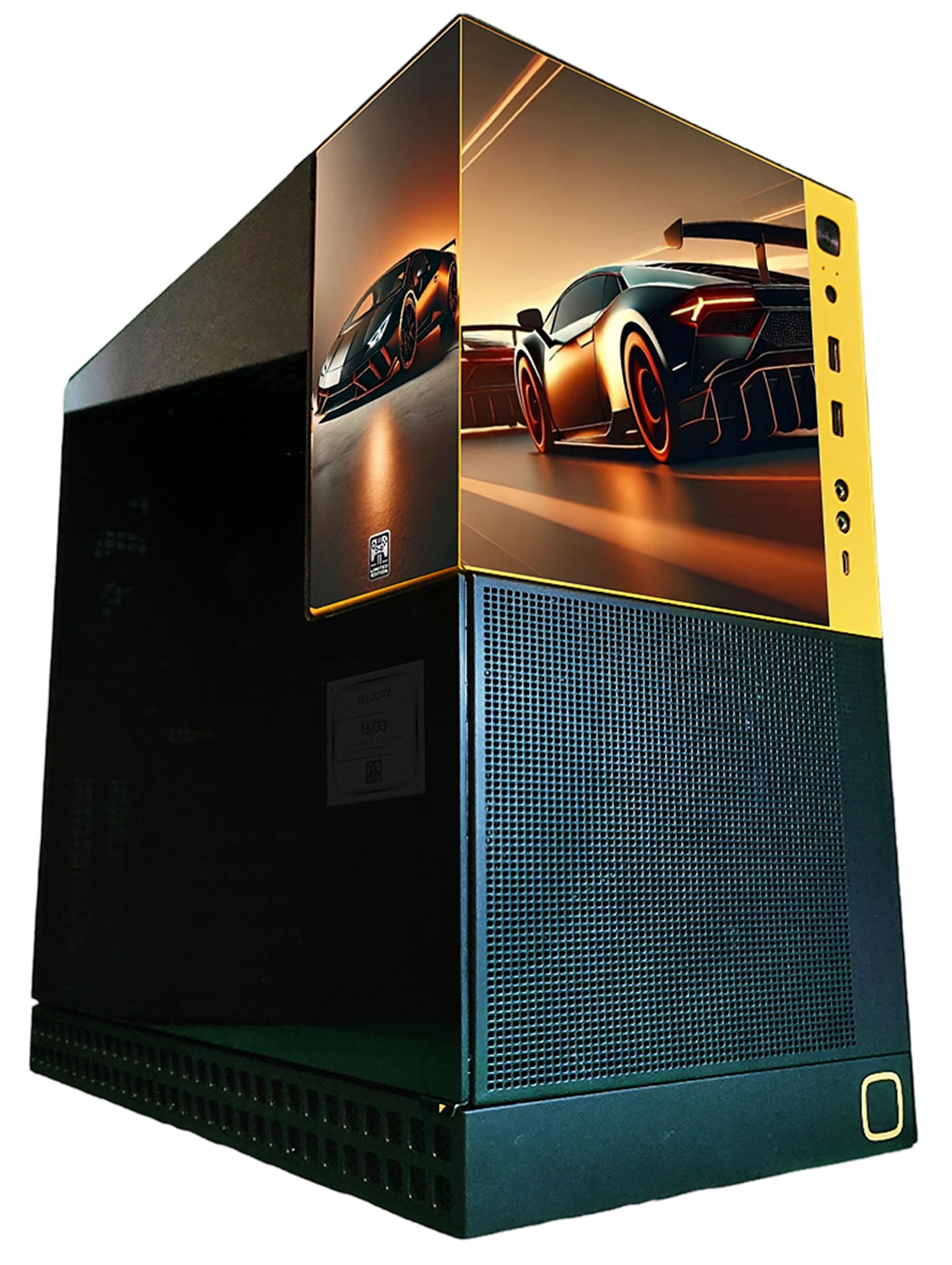 Computer case with a car design on the side, featuring a black and yellow color scheme.