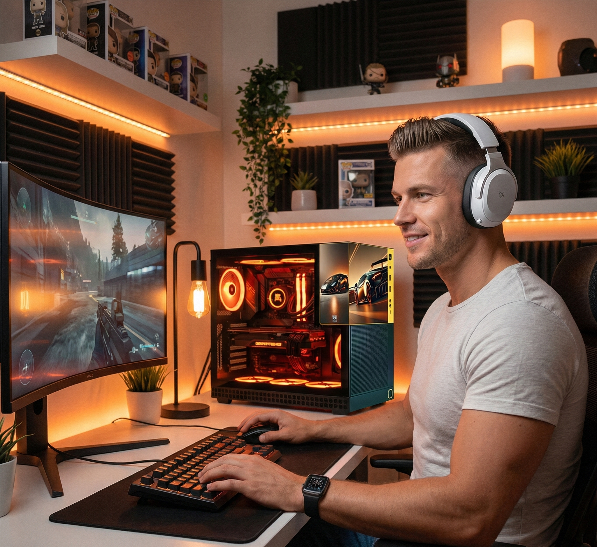 Man sitting at a desk with a computer setup, wearing headphones, in a room with shelves and decor.