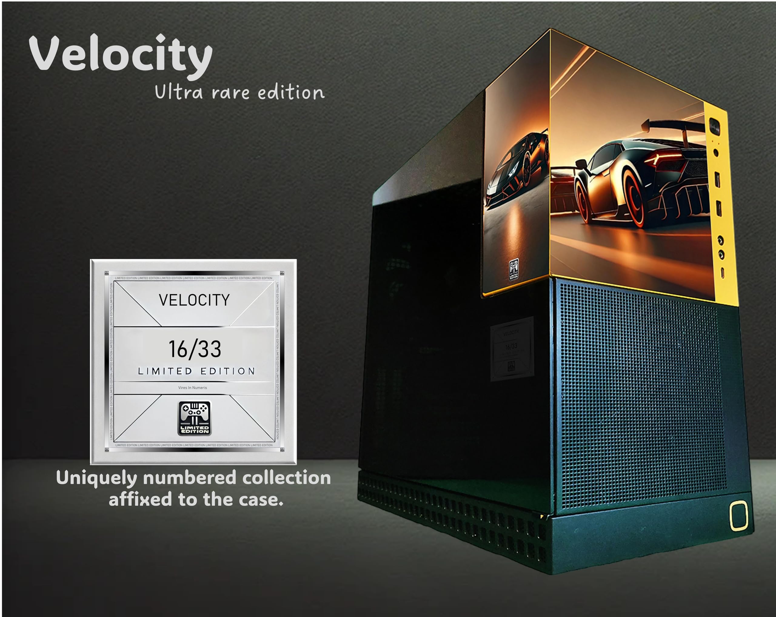Velocity ultra rare edition computer case with limited edition label on a dark background