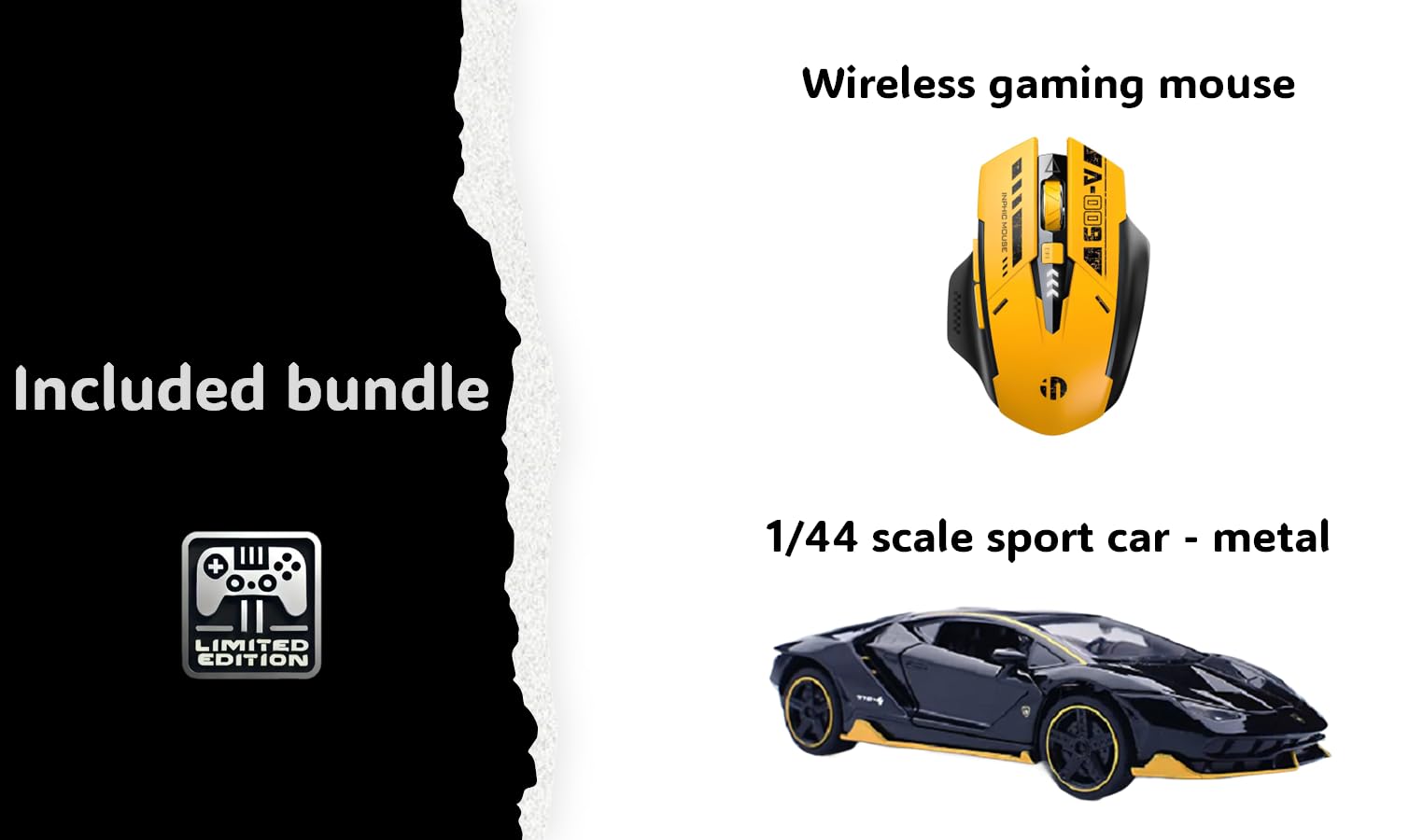 Wireless gaming mouse and 1/44 scale sports car model on a black and white background