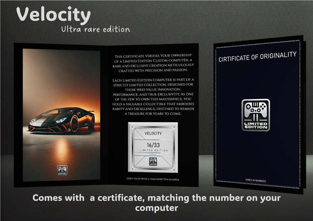 Velocity ultra rare edition certificate and computer display on a dark background