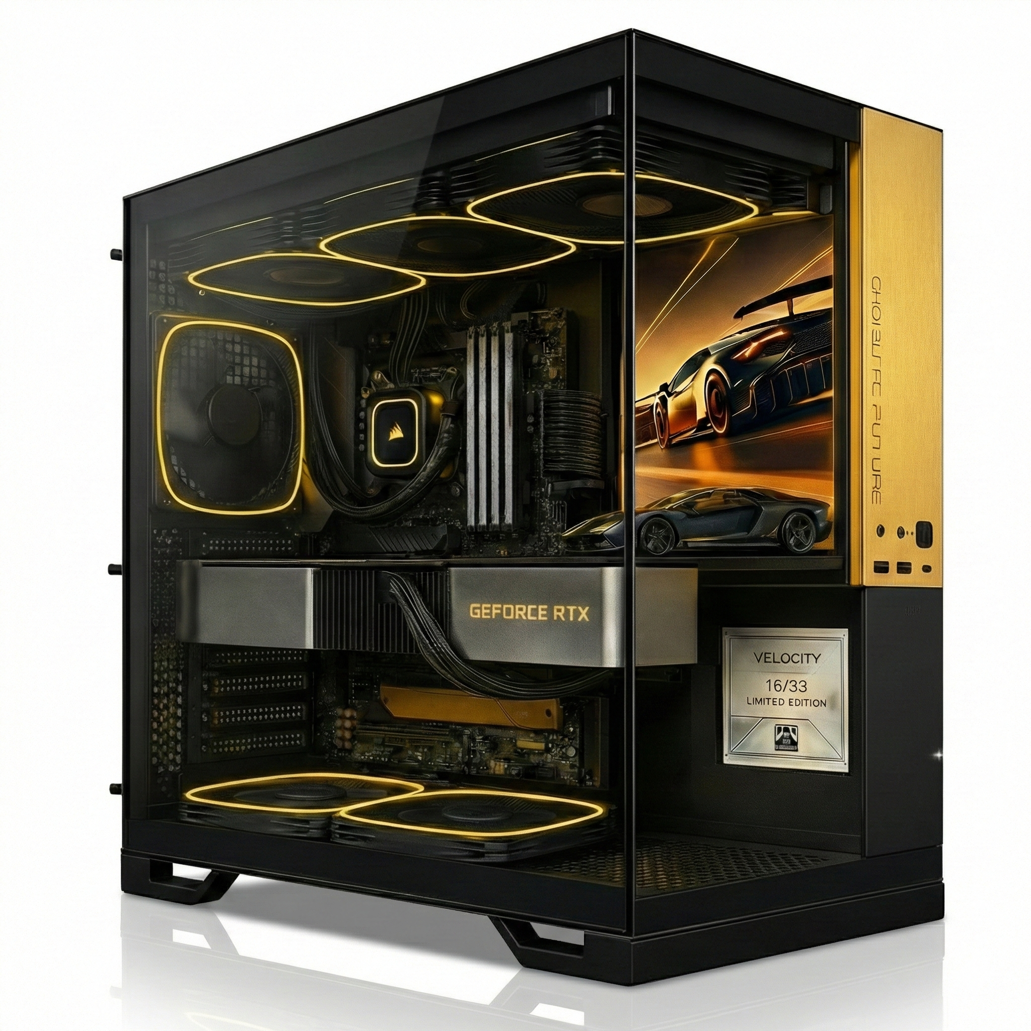 High-performance computer case with visible components and a car-themed design on the side.