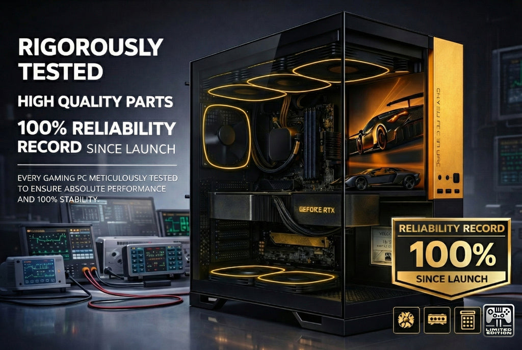 Computer hardware packaging with text highlighting reliability and testing, set against a technical background.