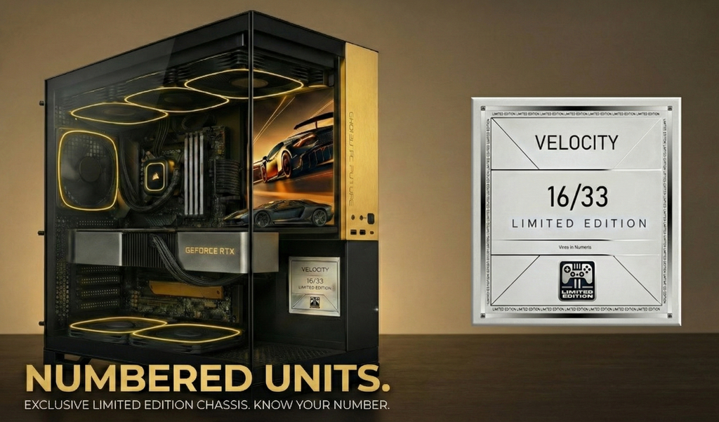 Computer chassis with a limited edition label on a brown background