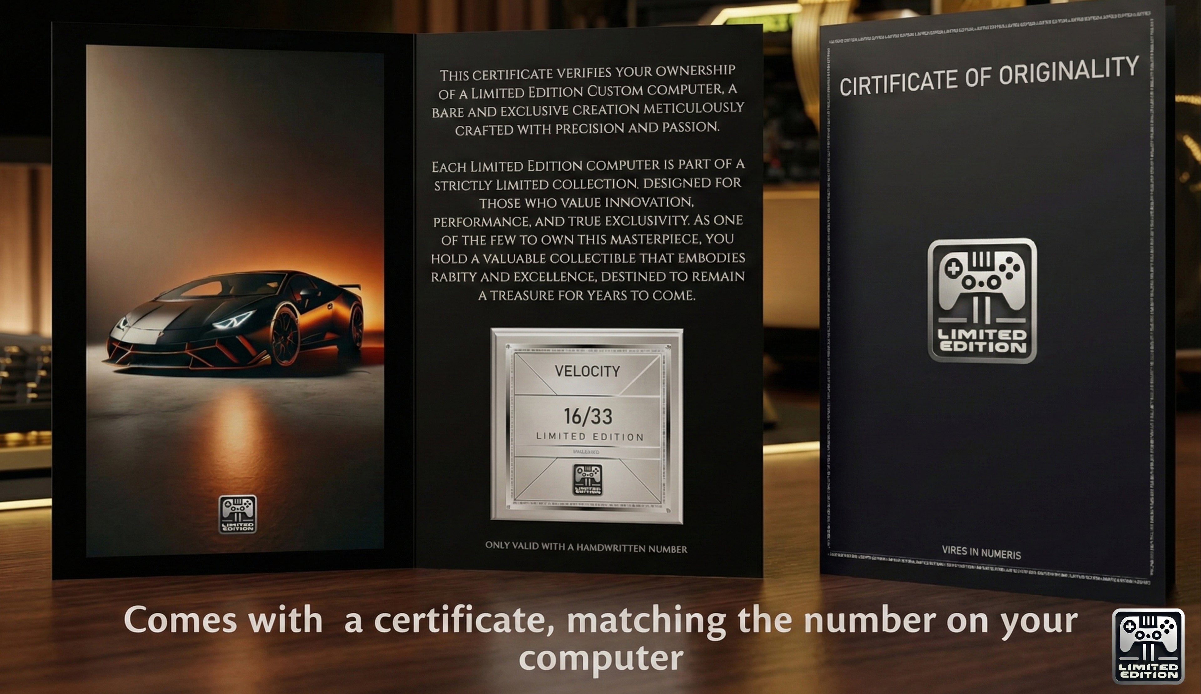Certificate of Originality for a limited edition computer with a Lamborghini image on a wooden surface.