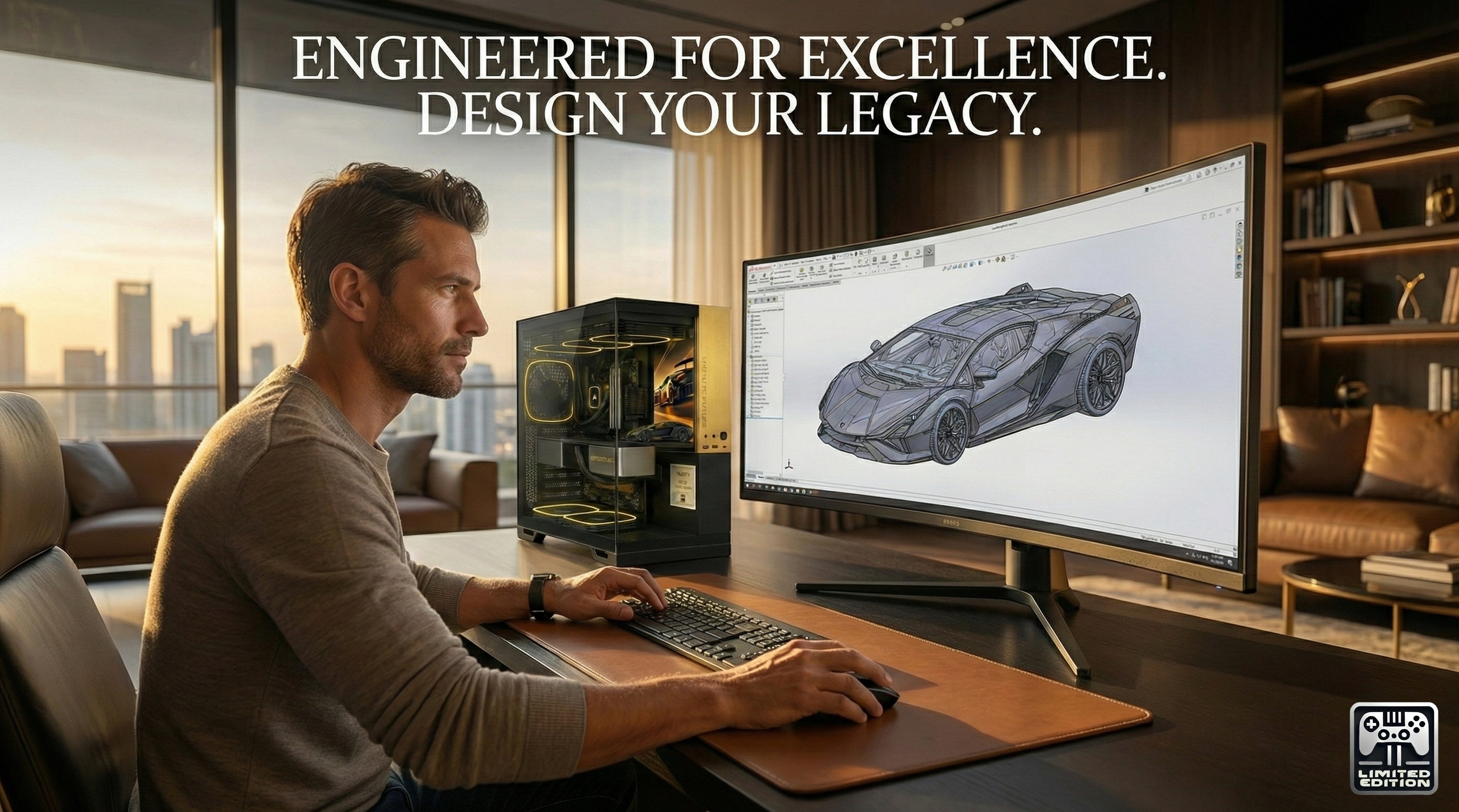 Man working on a computer with a car design on screen, in a modern office setting.