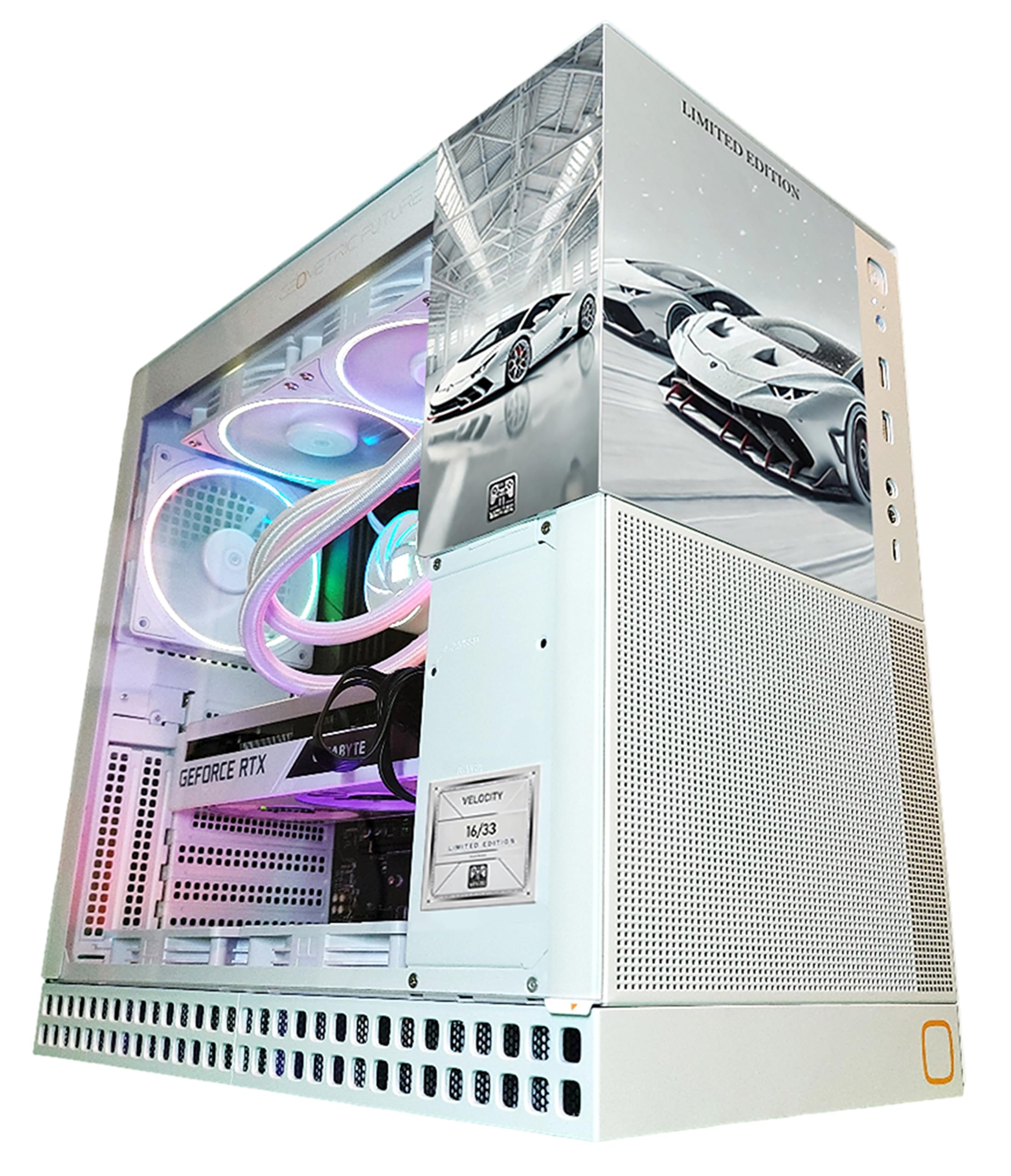 Glossy white computer case with RGB lighting and car design on a white background