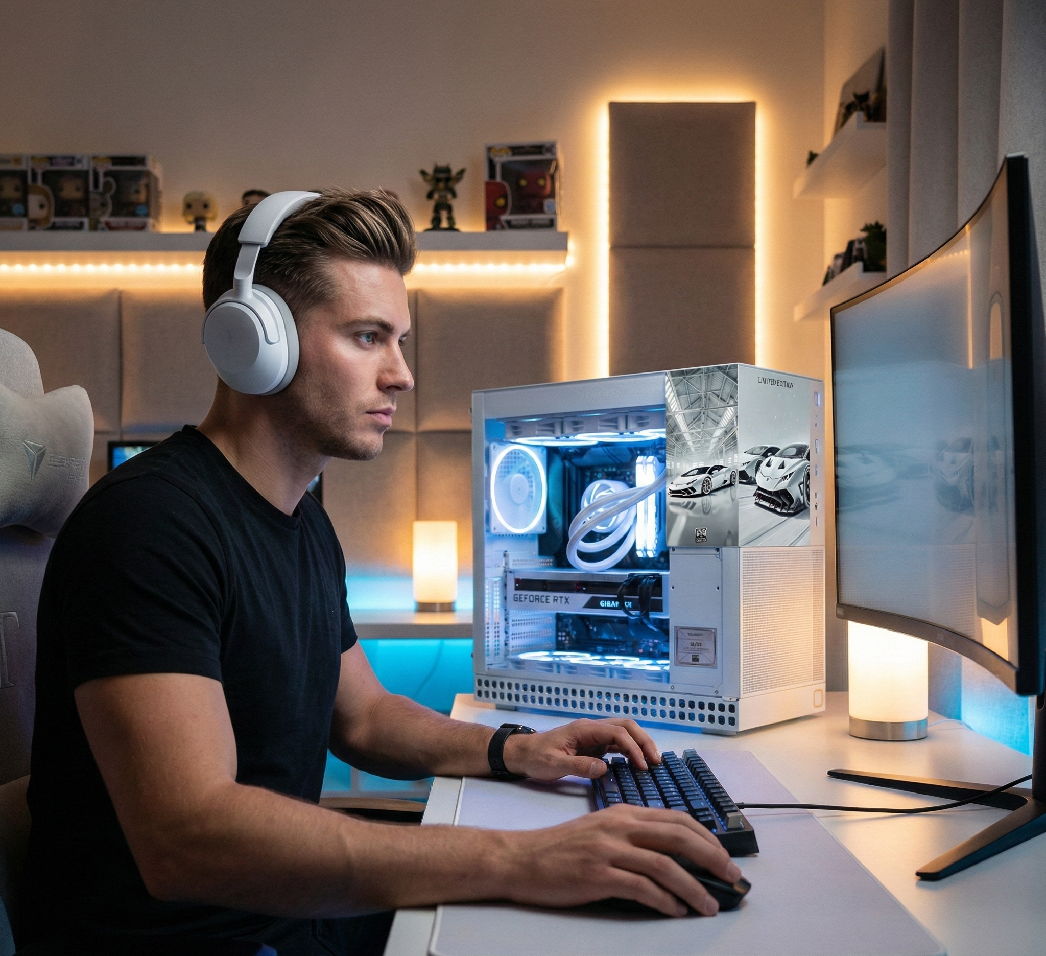Person wearing headphones using a computer with a high-end gaming PC setup in a room with decorative lighting.