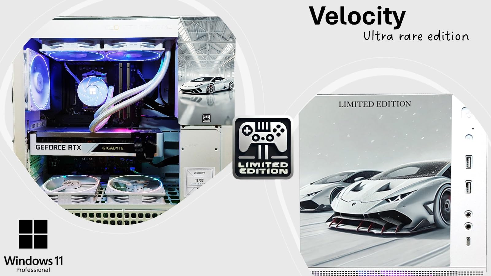 Gaming computer setup with Velocity Ultra rare edition label, Windows 11 Pro logo, and Lamborghini car image.
