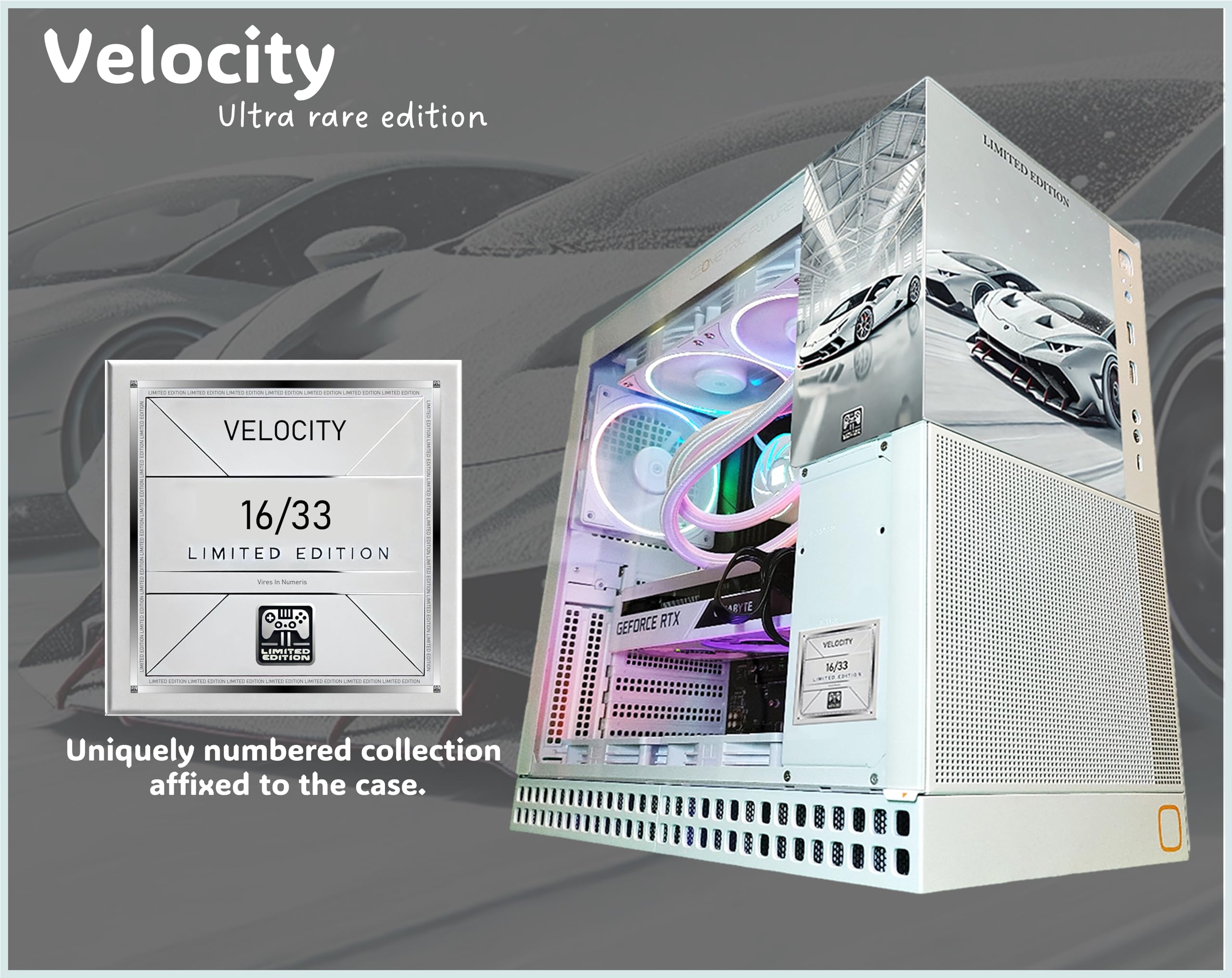 Computer case with 'Velocity' branding and limited edition label on a gray background