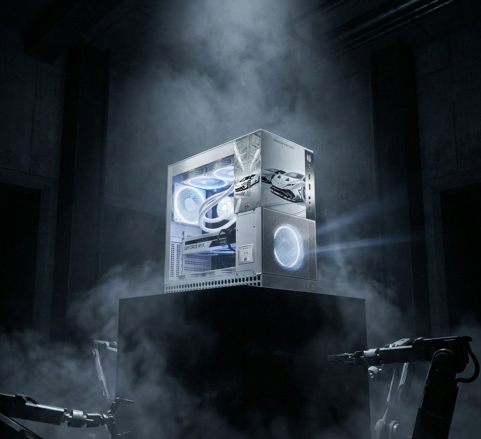 High-tech computer case with glowing components in a dark, smoky room