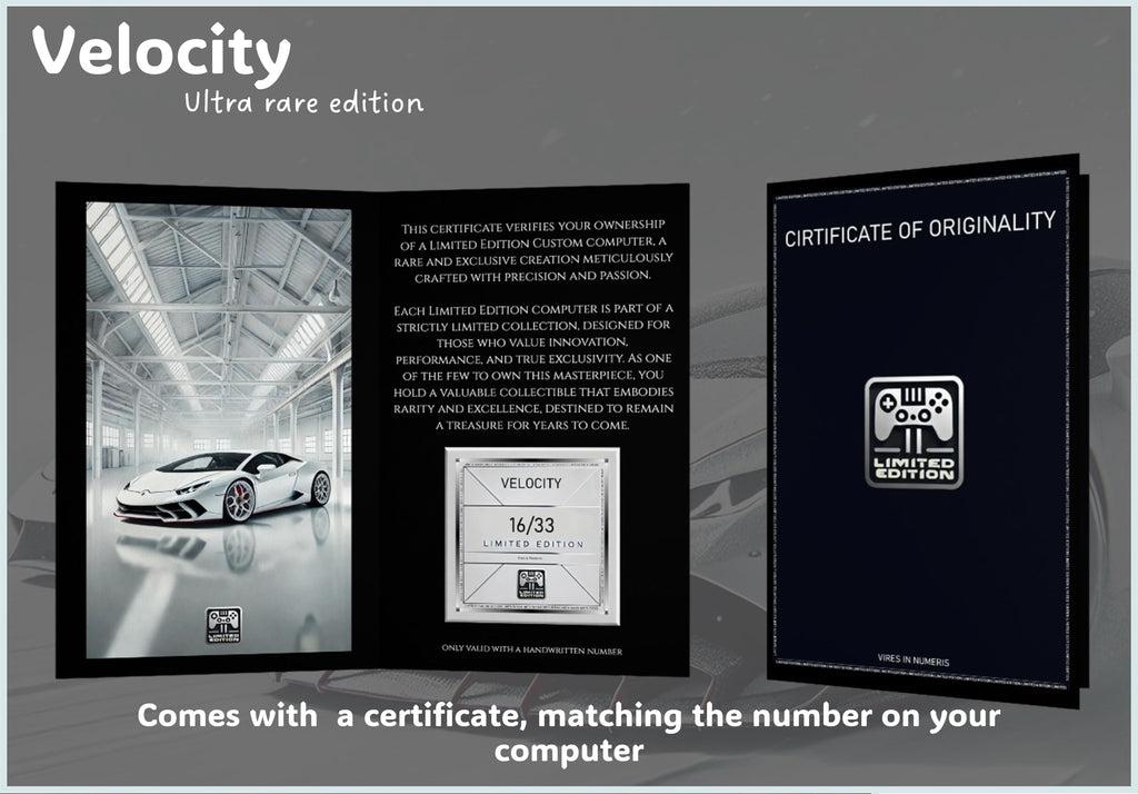 Velocity Ultra rare edition certificate of originality with car image and text on a dark background