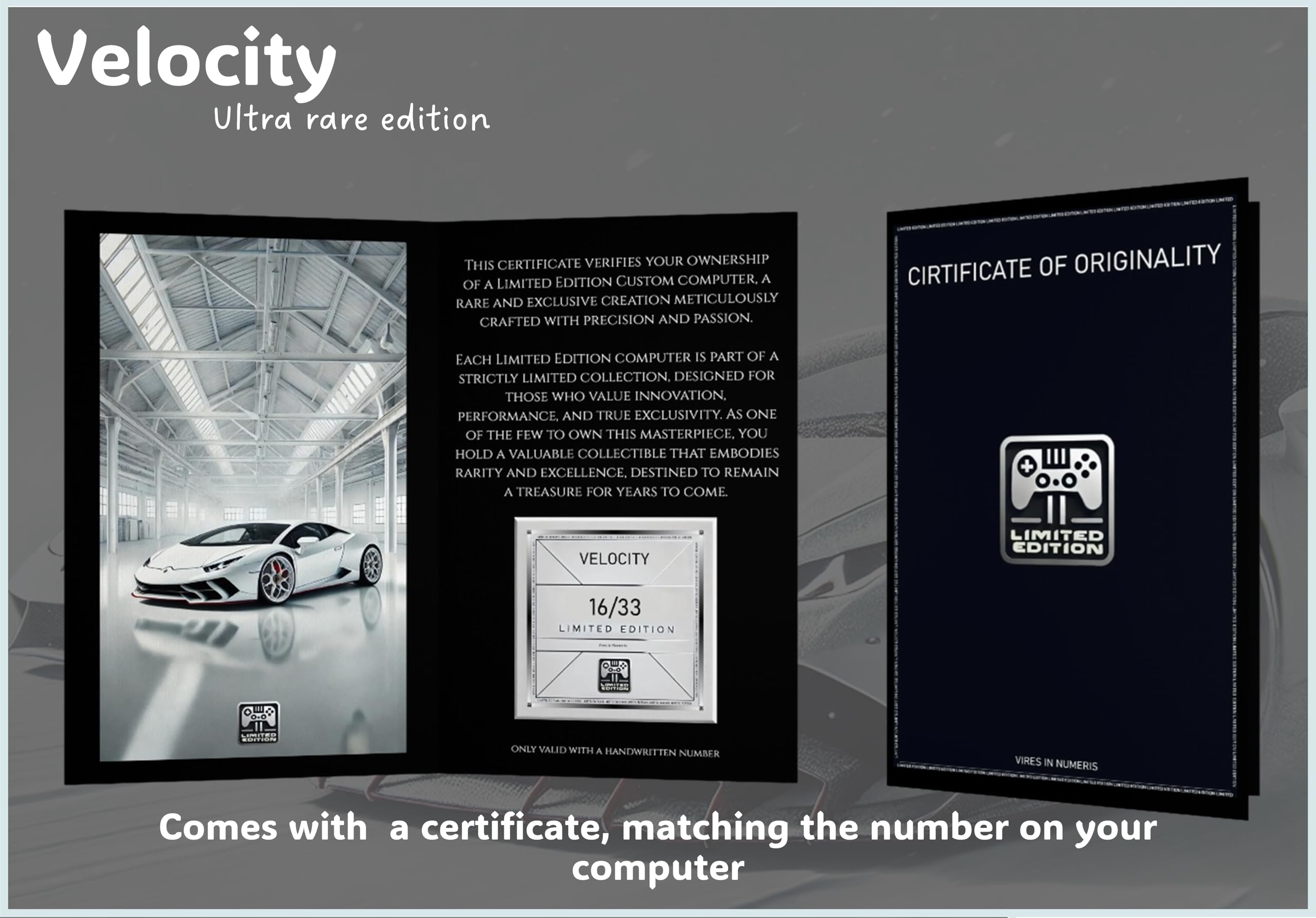 Velocity Ultra rare edition certificate of originality with car image and text on a dark background