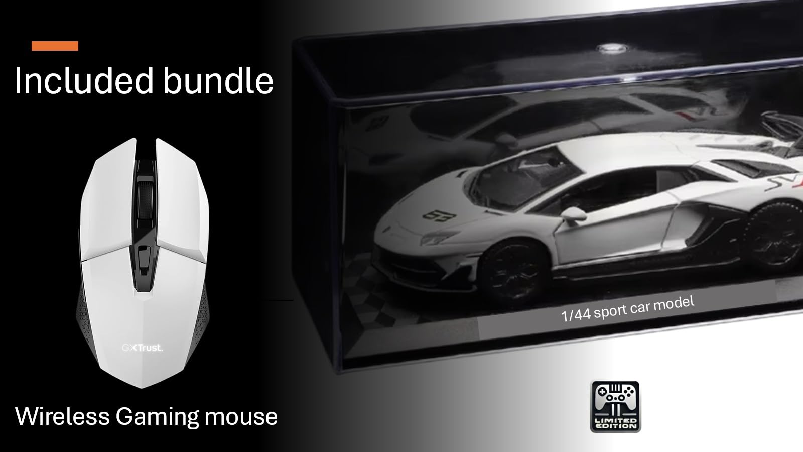 Wireless gaming mouse and 1/44 scale sports car model in a box with included bundle text.
