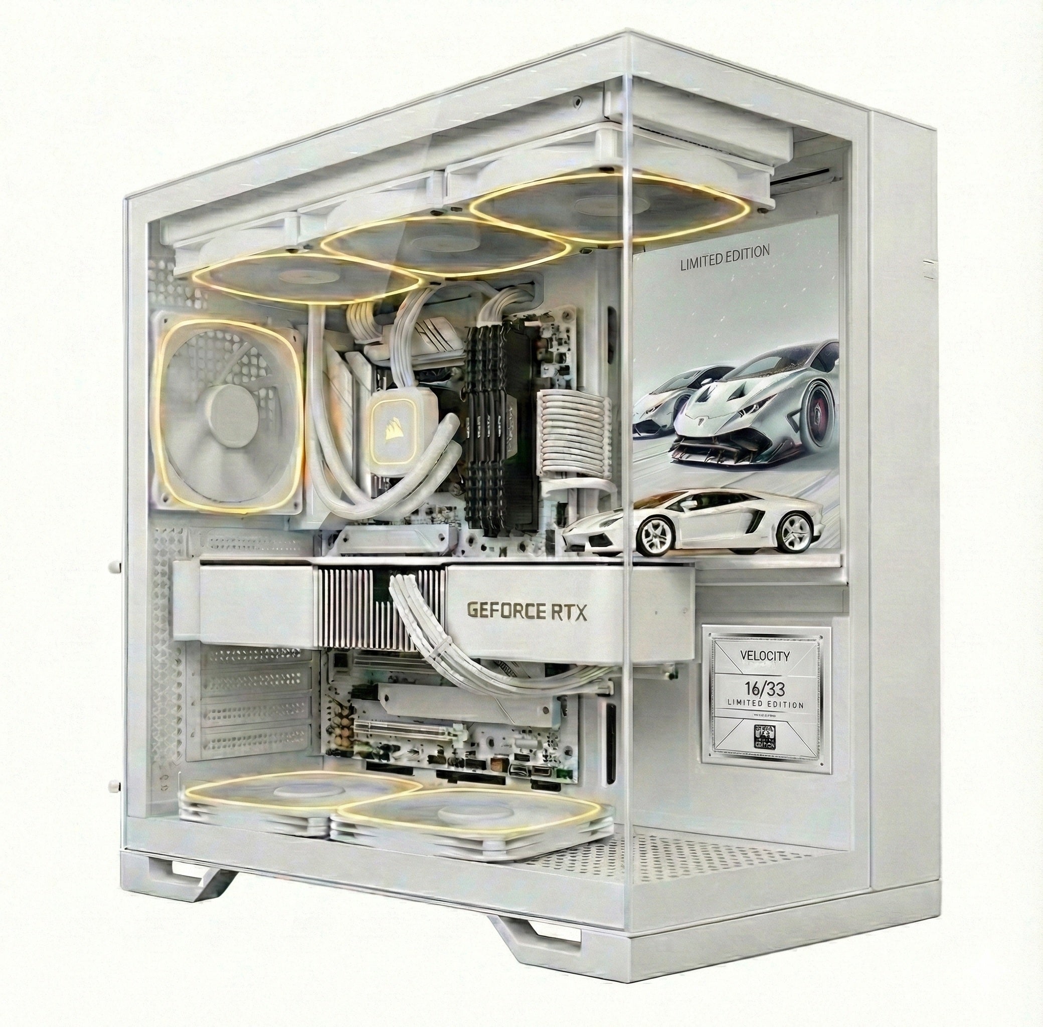 Custom all-white gaming PC build featuring a GeForce RTX GPU, liquid cooling, and a limited edition Lamborghini interior theme.