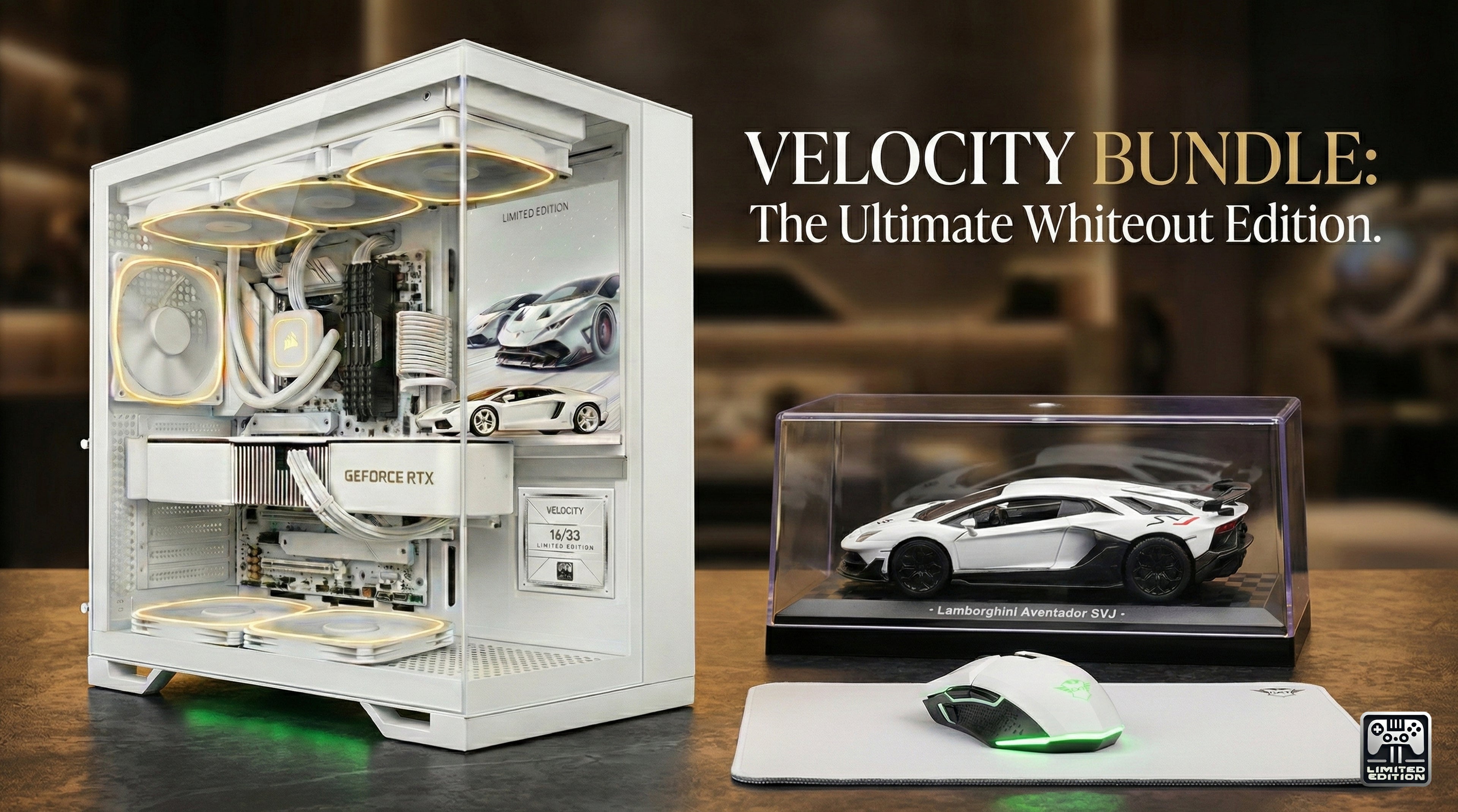 Computer case with visible components, a white sports car model, and gaming mouse on a wooden surface.