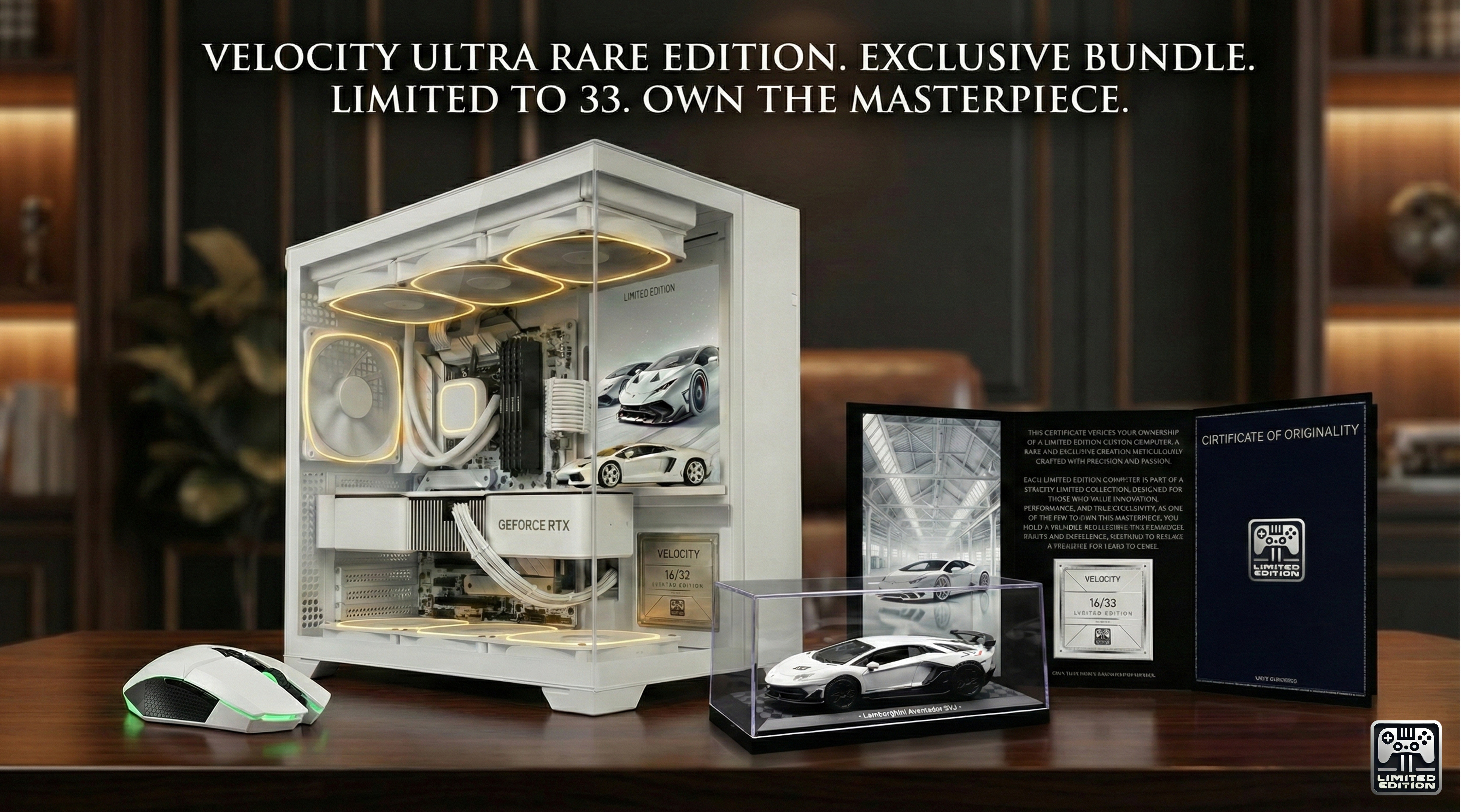 Velocity Ultra Rare Edition computer case with display, mouse, and certificate on a wooden surface.