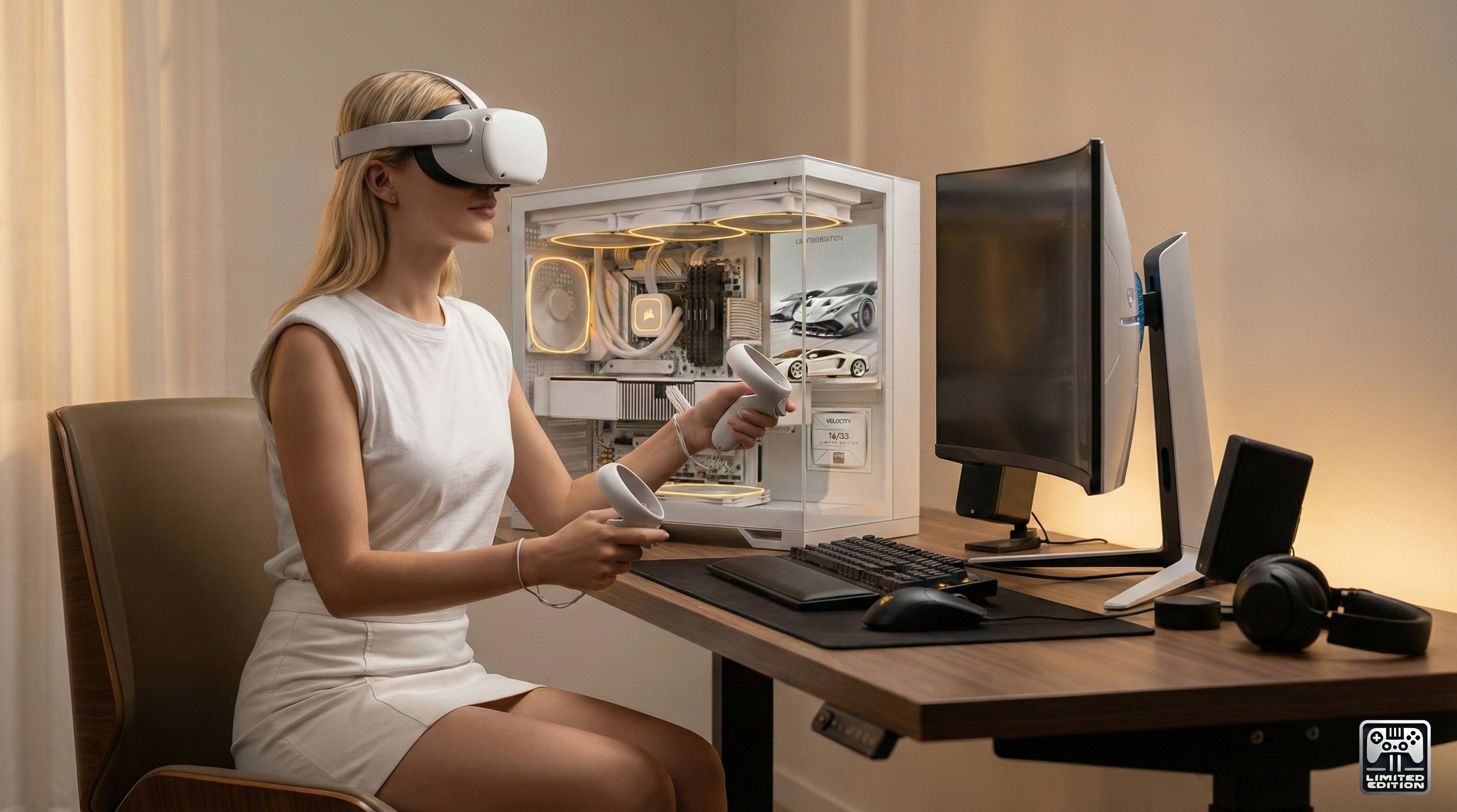 Person using VR headset in front of a computer setup with open computer case.