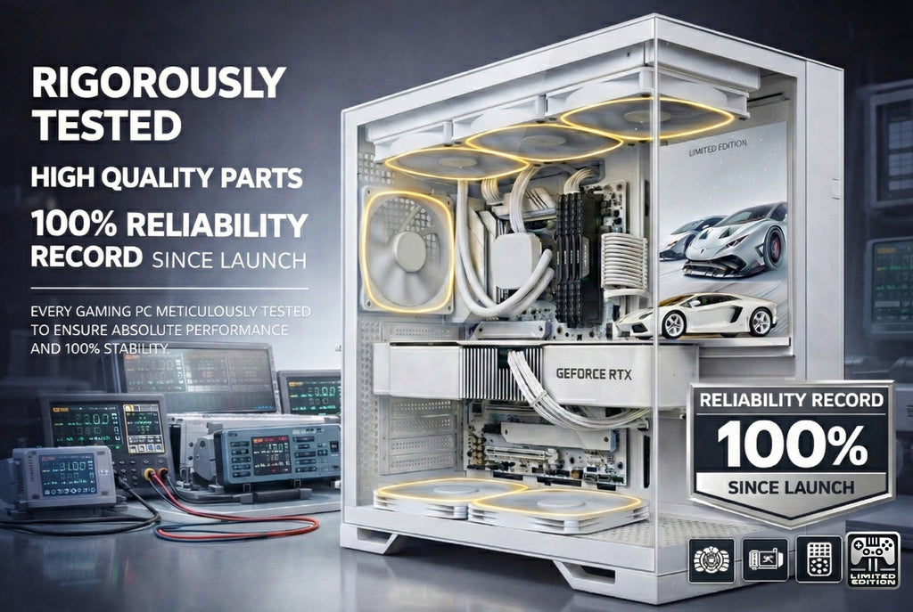 Gaming PC with transparent side panel, showcasing internal components, in a lab setting with test equipment.