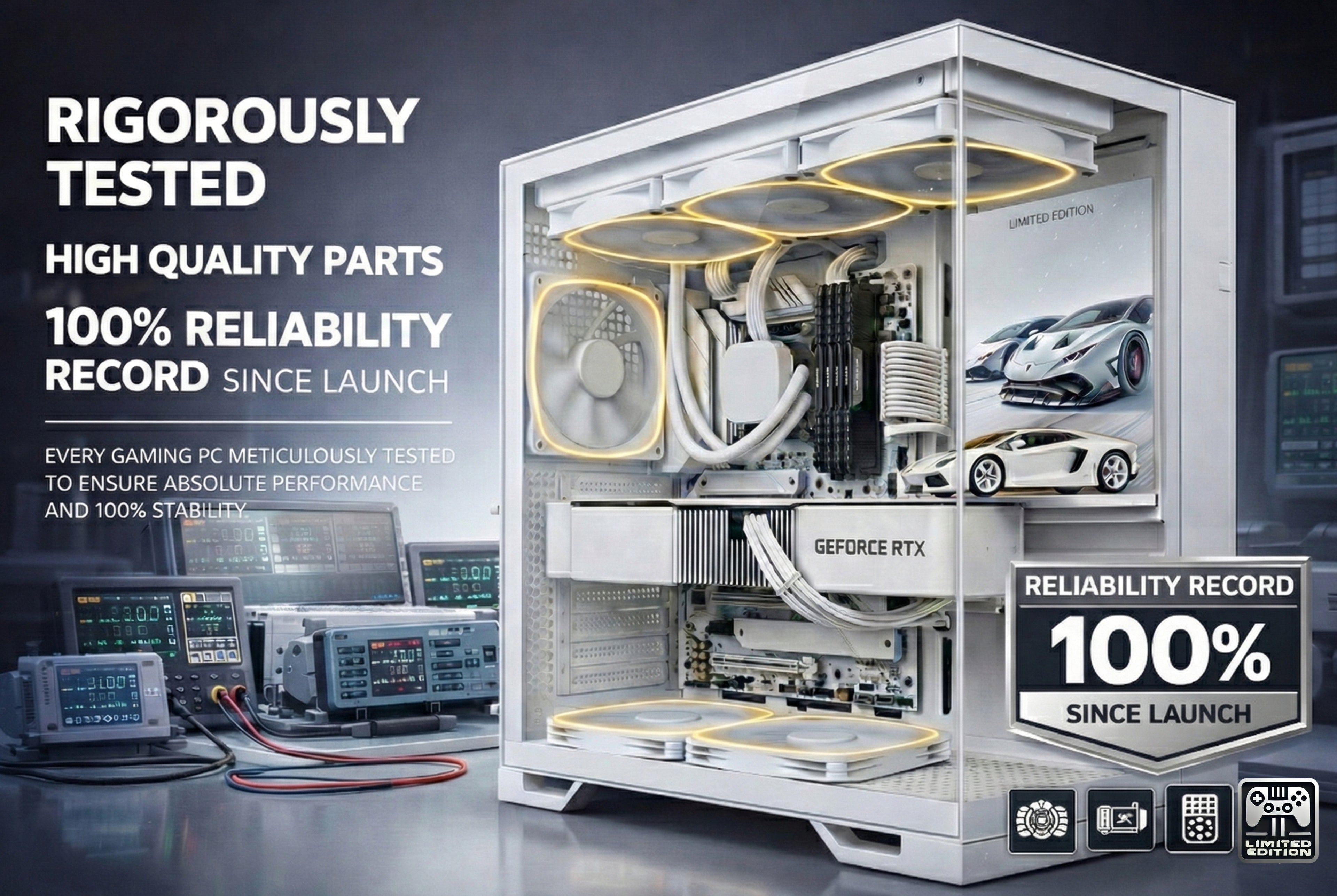 Gaming PC with transparent side panel, showcasing internal components, in a lab setting with test equipment.
