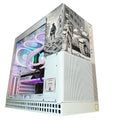 Computer case with RGB lighting and gaming graphics on a white background