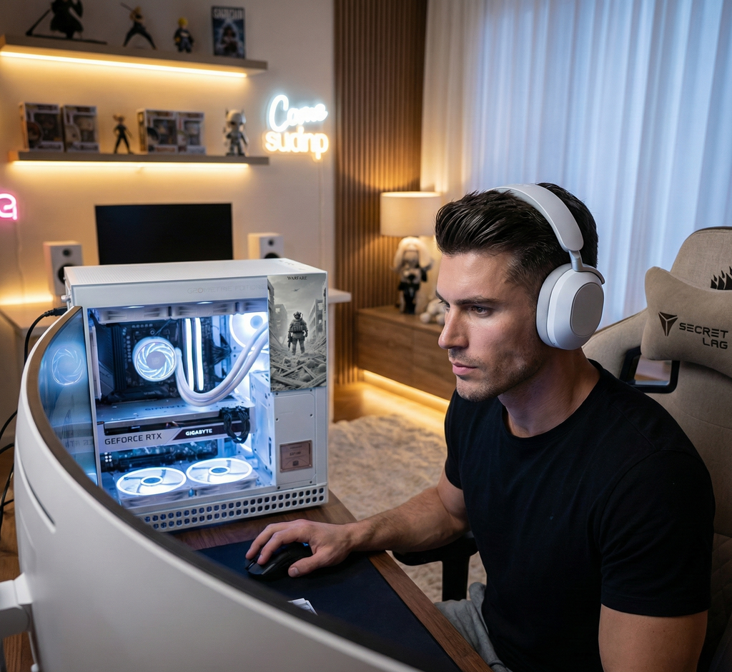 Man wearing headphones using a high-tech computer setup in a modern room.