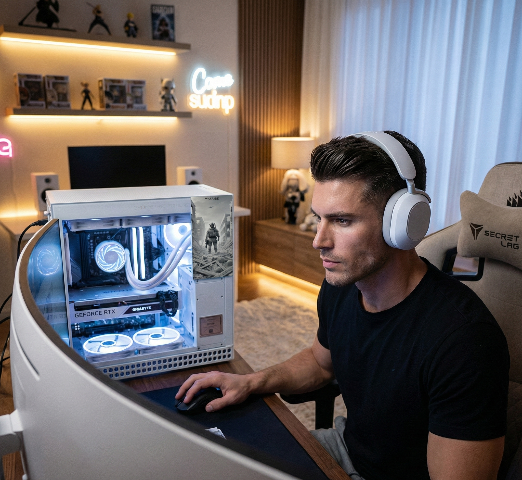 Man wearing headphones using a high-tech computer setup in a modern room.