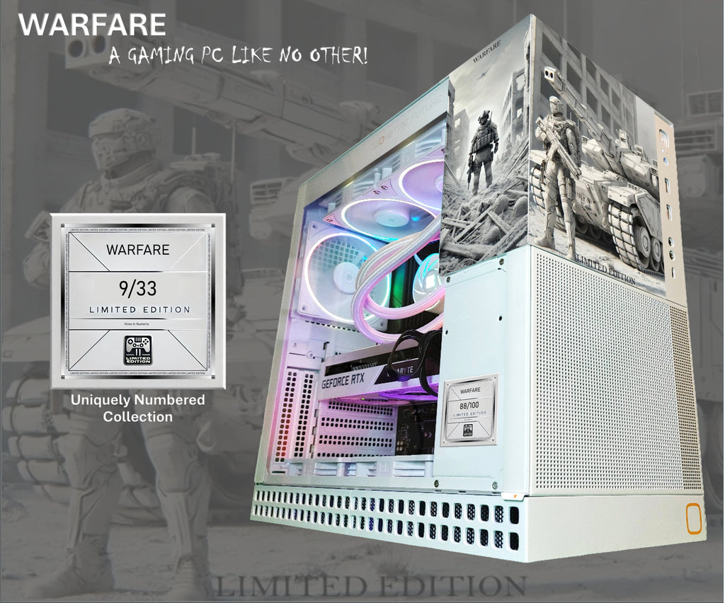 Gaming PC with 'Warfare' branding and limited edition label, featuring soldiers and technology-themed design.