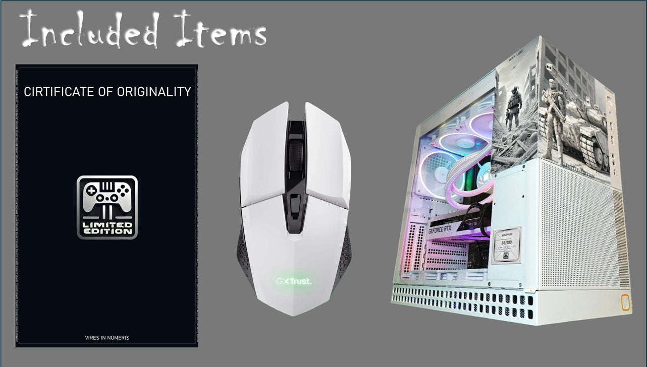 Computer tower, mouse, and certificate of originality on a gray background