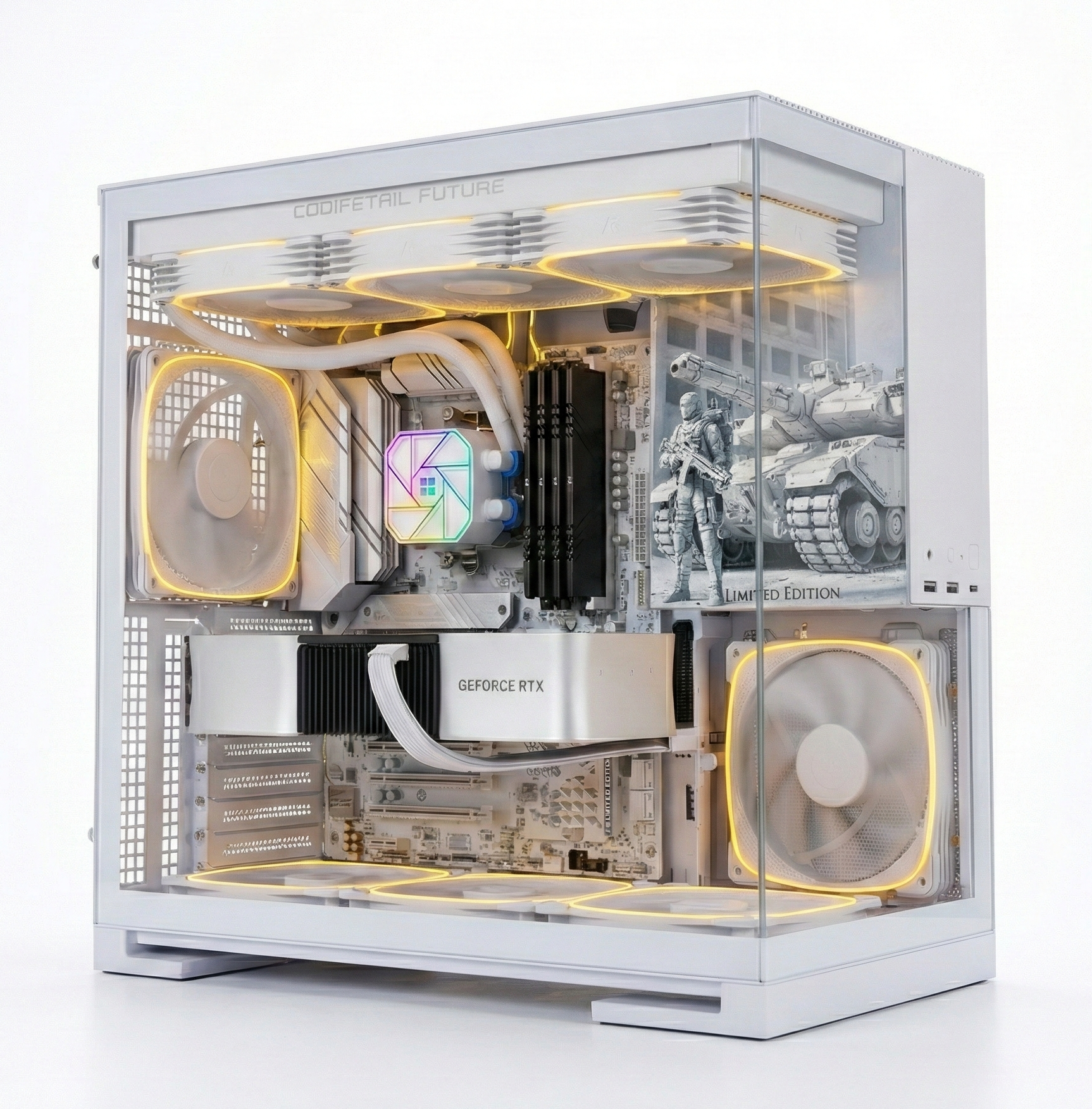 Open computer case with visible hardware components on a white background