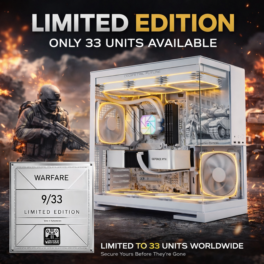 Computer case with glowing components on a dramatic background featuring a soldier and war theme.