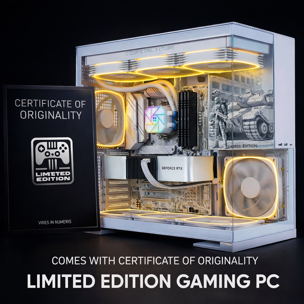 Limited edition gaming PC with visible components and a certificate of originality on a dark background.