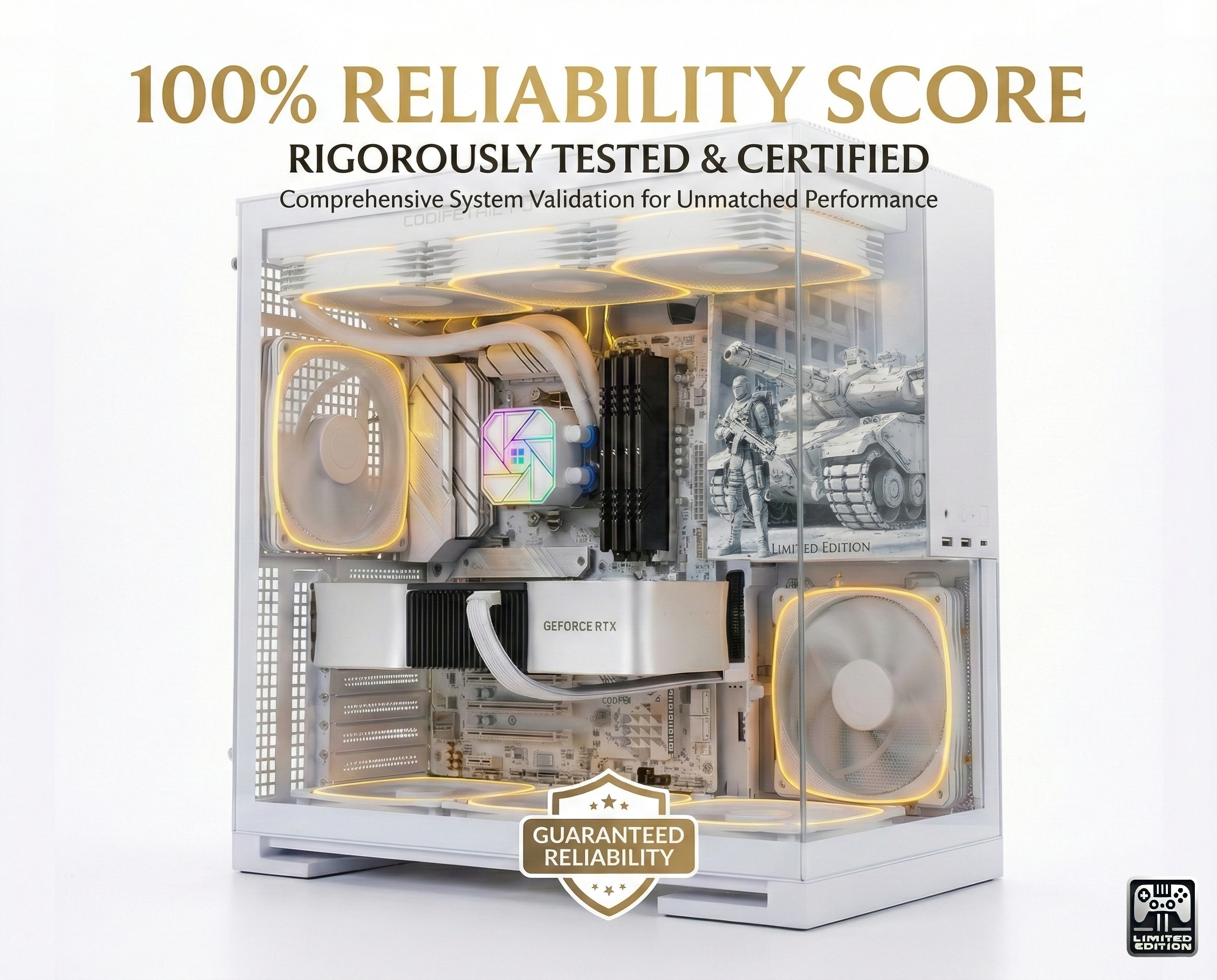 Computer hardware with '100% Reliability Score' text on a white background