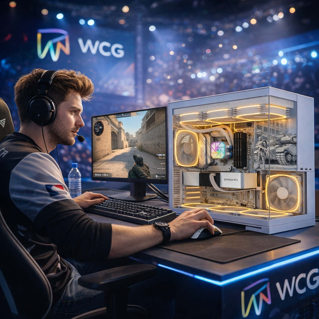 Gamer with open computer case in a WCG-themed room